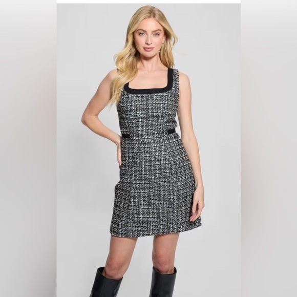 Guess Eco Yvonne black white‎ Tweed boucle square neck Dress size large new - Picture 1 of 14